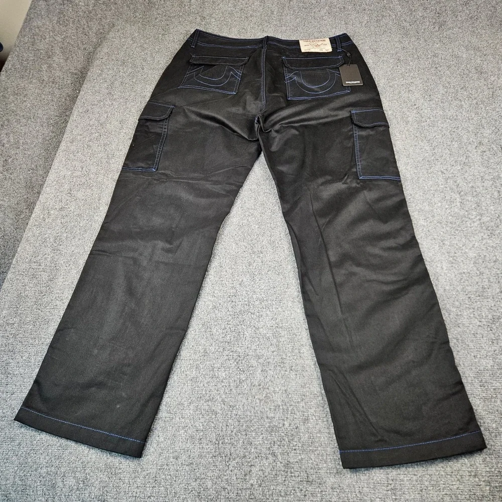 True Religion Mens Jet Black Blue Contrast Stitch Cargo Pants 108335 Size 36 NWT